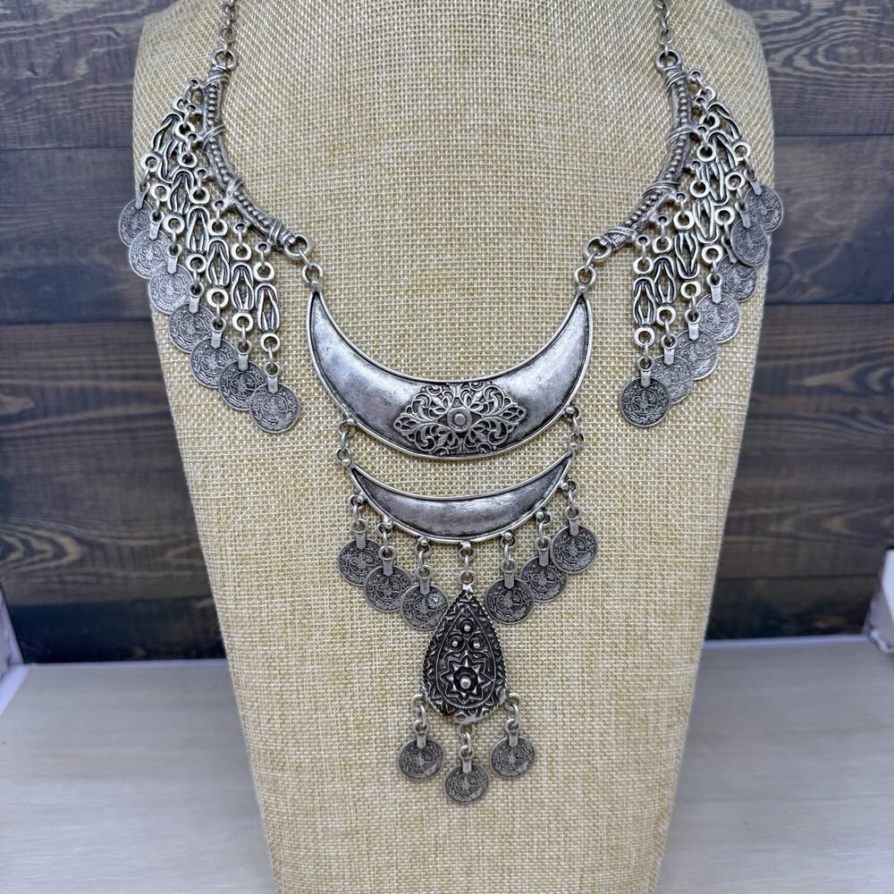 Vintage Boho Turkish Faux Coin Charm Silver Tone Statement Bib Necklace